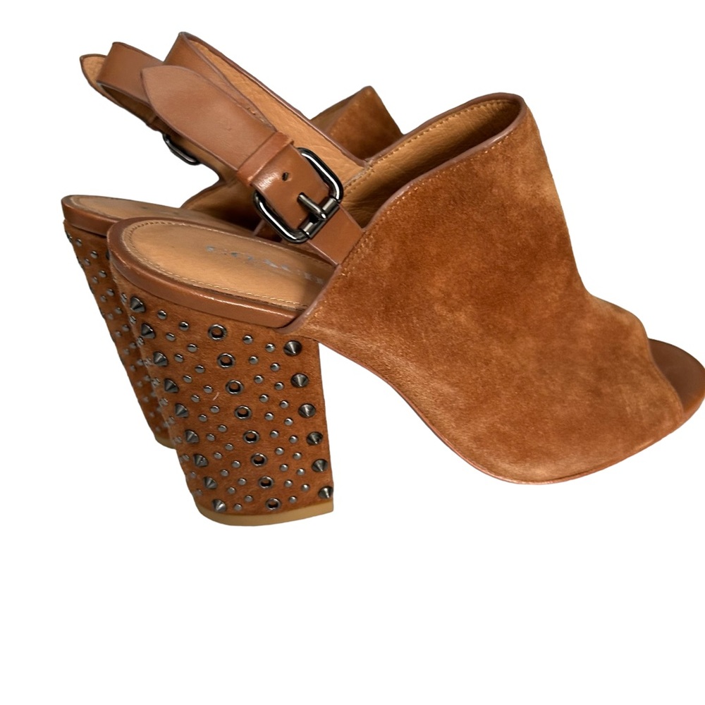 Coach Brown Suede Studded Block Heel Sandal